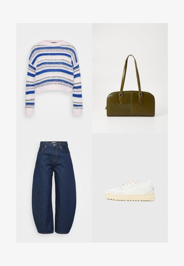Sudadera a rayas en azul, blanco y gris con un diseño cropped; cuenta con puños y dobladillo acanalados; fabricada en material de punto suave.; Jeans de mezclilla oscuros de tiro alto con piernas anchas, cierre frontal con botón y cremallera, y diseño clásico de cinco bolsillos.; Zapatilla blanca con empeine de cuero texturizado, detalles en beige, puntera redonda y suela de goma gruesa y texturizada. Presenta seis agujeros para cordones.; Bolso de mano de cuero verde oliva con forma redondeada, asas dobles y parte frontal sin costuras. Presenta una textura suave y sutiles detalles de costura.; Pendiente de aro de plata con un acabado pulido, que presenta pequeños detalles en dorado y una forma redonda, llevado en el lóbulo.