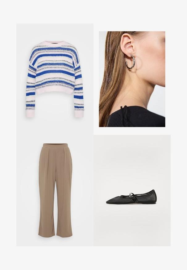 Prúžkovaný pulóver v modrej, bielej a šedej farbe s krátkym strihom; má rebrované manžety a lem; vyrobený z mäkkej pleteniny.; Hnedé nohavice s širokými nohavicami vyrobené z mäkkého materiálu, s prednými záhybmi a elastickým pásom pre pohodlie. Čistý, minimalistický dizajn.; Čierne ploché topánky s špicatou špičkou, sieťovaným zvrškom a akcentmi z lakovanej kože. Obsahujú tenký pásik s detailom okrúhleho hardvéru.; Strieborná kruhová náušnica s lesklým povrchom, obsahujúca malé zlaté akcenty a okrúhly tvar, nosená na lalôčiku ucha.