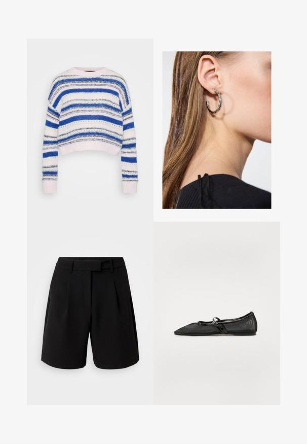 Svītrainais džemperis zilo, baltā un pelēkā krāsā ar īso dizainu; tam ir ribotās piedurknes un apakšmala; izgatavots no mīksta adījuma materiāla.; Melnas piegriezuma šortus, izgatavotus no gludas auduma, ar augstu jostasvītru, krokām, jostas cilpām un sānu kabatām, ar skaidru un vienkāršu dizainu.; Melna plakanā kurpe ar smailu purngalu, acs audumu un lakotu ādas akcentu. Iespējo plāna josta ar apaļa metāla detaļu.; Sudraba auskars ar pulētu apdari, ar maziem zelta akcentiem un apaļu formu, uz ausu ļipiņas.