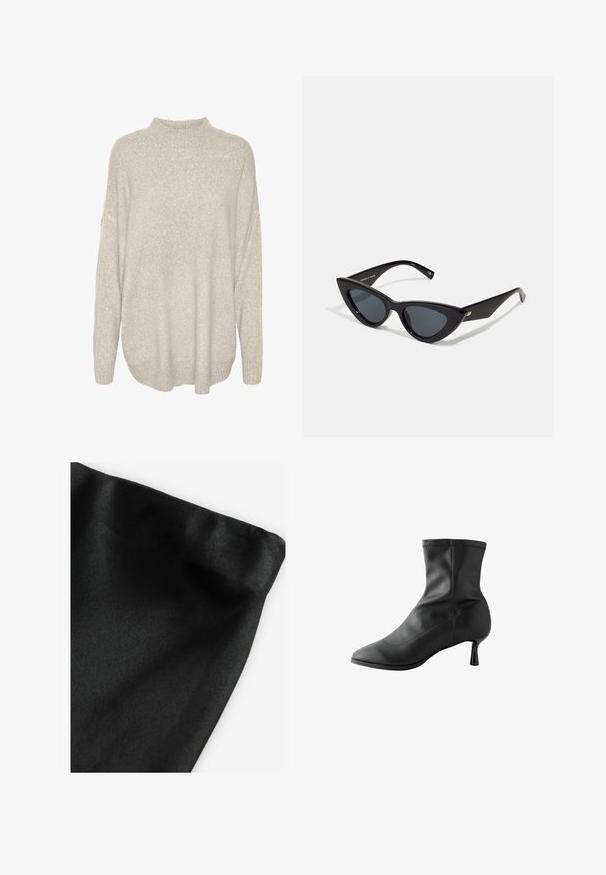 Pulover tricotat gros, de culoare gri deschis, cu guler înalt, umeri lăsați și tiv cu striații. Țesătură texturată cu un aspect moale și cald.; Material textil negru cu o textură netedă, având o margine pliată. Materialul prezintă o ușoară strălucire și o suprafață uniformă, fără modele sau accente.; Botine negre din piele netedă, cu vârf ascuțit și toc cilindric îngust. Detalii cusute de-a lungul marginii superioare.; Ochelari de soare de tip cat-eye cu un cadru din plastic lucios de culoare neagră, lentile întunecate și detalii aurii pe tâmple. Design unghiular cu linii elegante.