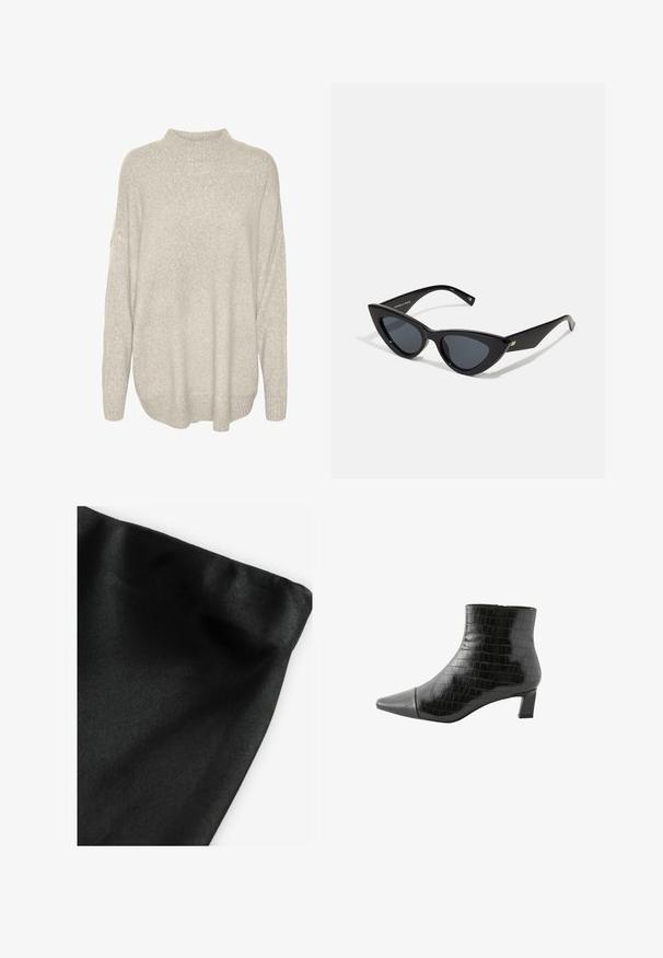 Jasnoszary, gruby sweter z wysokim dekoltem, opadającymi ramionami i ściągaczem na dole. Teksturowana tkanina o miękkim, ciepłym wyglądzie.; Czarna tkanina o gładkiej fakturze, z zapięciem na krawędzi. Materiał ma lekki połysk i jednolitą powierzchnię bez wzorów lub akcentów.; Czarne botki za kostkę wykonane z błyszczącego materiału w wzór krokodyla. Posiadają spiczasty nosek i blokowy obcas o wysokości 3 cali. Gładka tekstura, zamek błyskawiczny.; Okulary przeciwsłoneczne kocie oczy z błyszczącą czarną plastikową oprawką, ciemnymi soczewkami i złotymi detalami na zausznikach. Kątowy design z eleganckimi liniami.; Even&Odd - Torba na zakupy