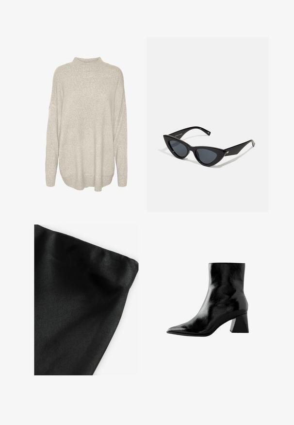 Hele halli, paksu kudumütsiga sviiter kõrge kaelusega, langevate õlgadega ja soonikuga hem. Tekstuuriga kangas, mis näeb välja pehme ja soe.; Mustäri kangas sileda tekstuuriga, millel on volditud serv. Materjalil on kerge läige ja ühtlane pind ilma mustrite või aktsentideta.; Mustad muste saapad läikiva viimistlusega, terava nina ja jämeda ruudukujulise kontsaga. Sile tekstuur koos modernse ja minimalistliku disainiga.; Kassikujulised prillid, millel on läikiv must plastikraam, tumedad läätsed ja kuldsed aktsendid tempel. Nurgeline disain ja voolujooned.