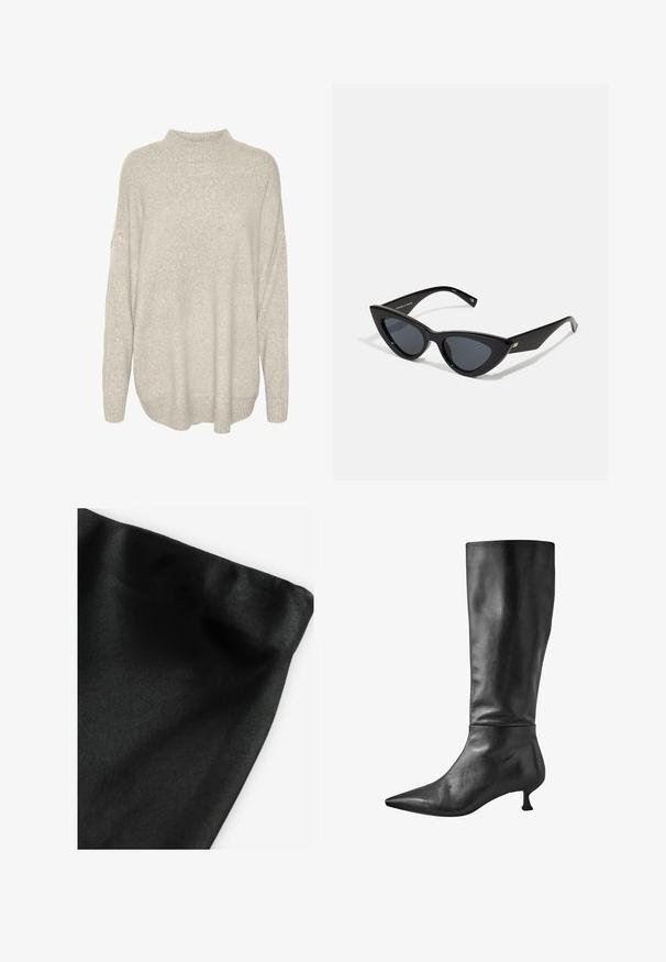 Világosszürke, vastag kötésű pulóver magas nyakkal, ejtett vállakkal és bordázott aljjal. Jól texturált anyag, puha és meleg megjelenéssel.; Fekete szövet sima textúrával, hajtott szélekkel. Az anyag enyhe fényt mutat, és egységes felülete van, minta vagy díszítés nélkül.; Fekete bőr, térd felett érő csizma hegyes orral és kis tömbsarkúval, sima felülettel és elegáns vonallal.; Cicáskémű napszemüveg fényes fekete műanyag kerettel, sötét lencsékkel és arany díszítéssel az oldalon. Szögletes dizájn, elegáns vonalakkal.