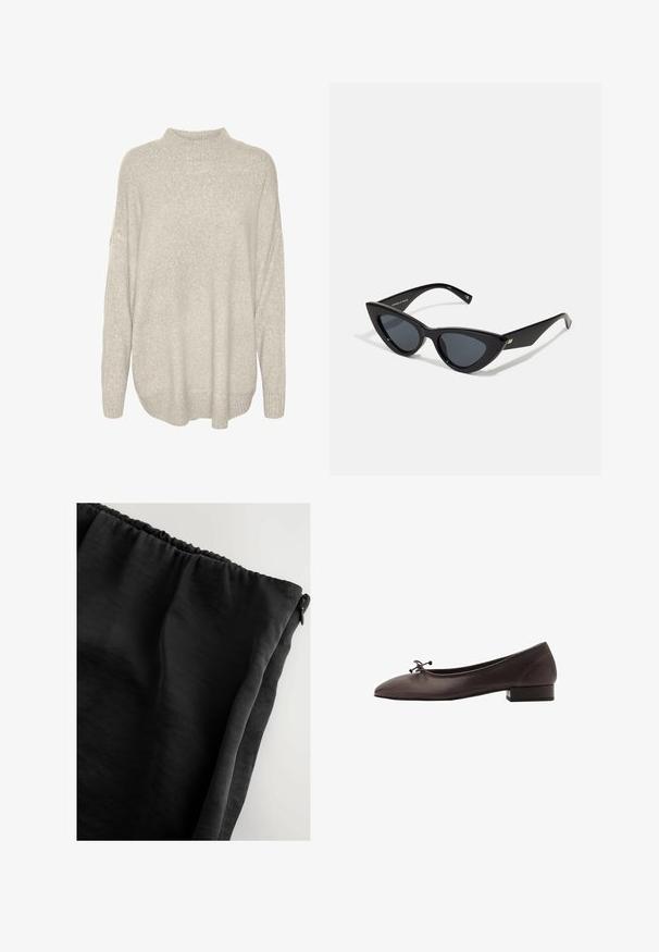 Helles grauer, grob gestrickter Pullover mit hohem Kragen, überschnittenen Schultern und geripptem Saum. Strukturiertes Material mit einem weichen, warmen Aussehen.; Schwarzer Stoff mit glatter Textur, elastischem Bund und Reißverschluss. Das Material wirkt leicht und leicht durchsichtig.; Braune Leder-Balletschuhe mit runder Spitze und kleinem Blockabsatz. Mit einer dünnen Schleife an der Vorderseite und dezenten Steppnähten.; Schwarz glänzende Cat-Eye-Sonnenbrille mit einem Rahmen aus Kunststoff, dunklen Gläsern und goldenen Akzenten an den Bügeln. Winkeliges Design mit eleganten Linien.; Even&Odd Shopping Bag - black