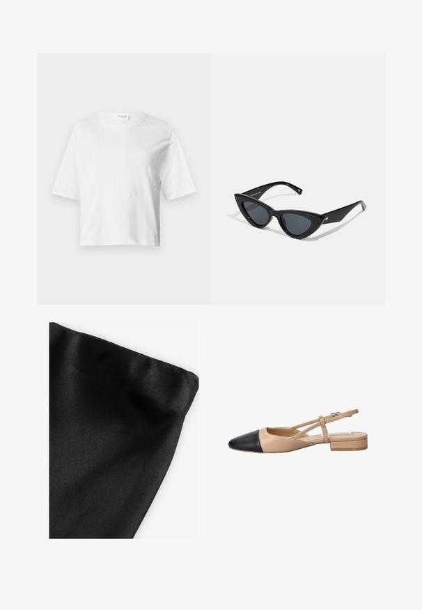 Lichtgrijze, chunky gebreide trui met een hoge hals, verlaagde schouders en een geribbelde zoom. Textuurstof met een zachte, warme uitstraling.; Witte cropped t-shirt van zacht materiaal met korte mouwen, een ronde halslijn en golvende naaddetails voor textuur.; Zwarte stof met een gladde textuur, met een gevouwen rand. Het materiaal vertoont een lichte glans en heeft een uniforme oppervlakte zonder patronen of accenten.; Beige en zwarte twee-tonen slingback schoen met een spitse neus, platte hak en kruislings banddetail. Gladde leren textuur.; Kattenoog zonnebril met een glanzend zwart plastic montuur, donkere lenzen en gouden accentdetails op de veren. Hoekig ontwerp met slanke lijnen.