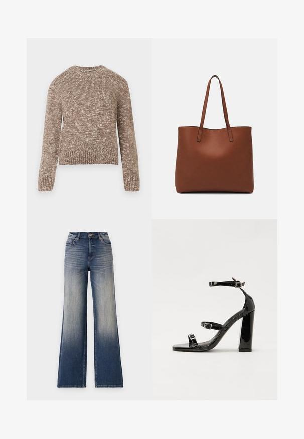 Smeđi pleteni džemper s okruglim izrezom, dugim rukavima i rebrastim rubom. Tekstura je mekana s pjegašnim uzorkom kroz cijelo površinu.; Visoke traperice širokih nogavica od svijetloplavog do tamnoplavog denima s izbljeđenim dijelovima, koje imaju kopčanje na dugme i omče za remen. Čist rub i bez vidljivih ukrasa.; Crne lakirane sandale na visoku petu s dva remena s kopčama, kvadratnim vrhom i masivnom blok petom, s glatkom, sjajnom teksturom.; Smeđa kožna torba preko ramena s glatkom teksturom, otvorenim vrhom i dvjema naramenicama. Ima minimalne šavove i nema vidljivog hardvera.