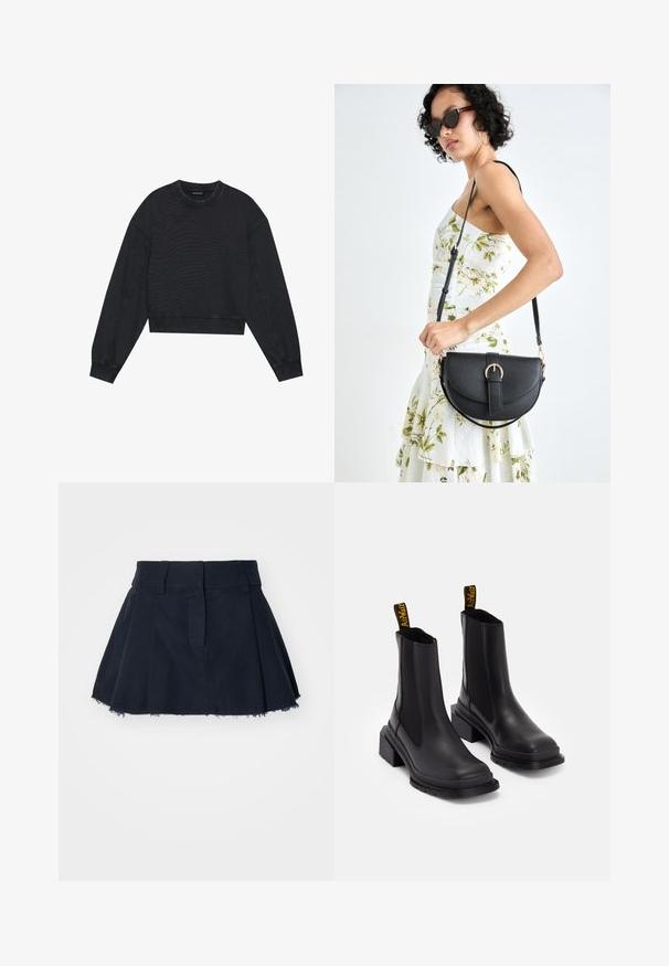 Must must cropped sweatshirt pika pikkade varrukatega, ümmarguse kaelusega ja soonikkoes servaga. Sile tekstuur koos nähtavate õmbluse detailidega.; Tumedast sinine puuvillane seelik, millel on laienev kuju, voldid, kulunud serv ja vöökoht, millel on vööringid.; Must have väikesed mustad nahast sokkjalatsid, millel on elastsed külgpaneelid, ruudukujuline nina ja jäme heel. Omab kollaseid bränditud tõmbeauke.; Mustmust mustraha kõverate joontega, eemaldatava rihmaga ja kuldsete detailidega. Kotil on klapp, millel on pandladetail.