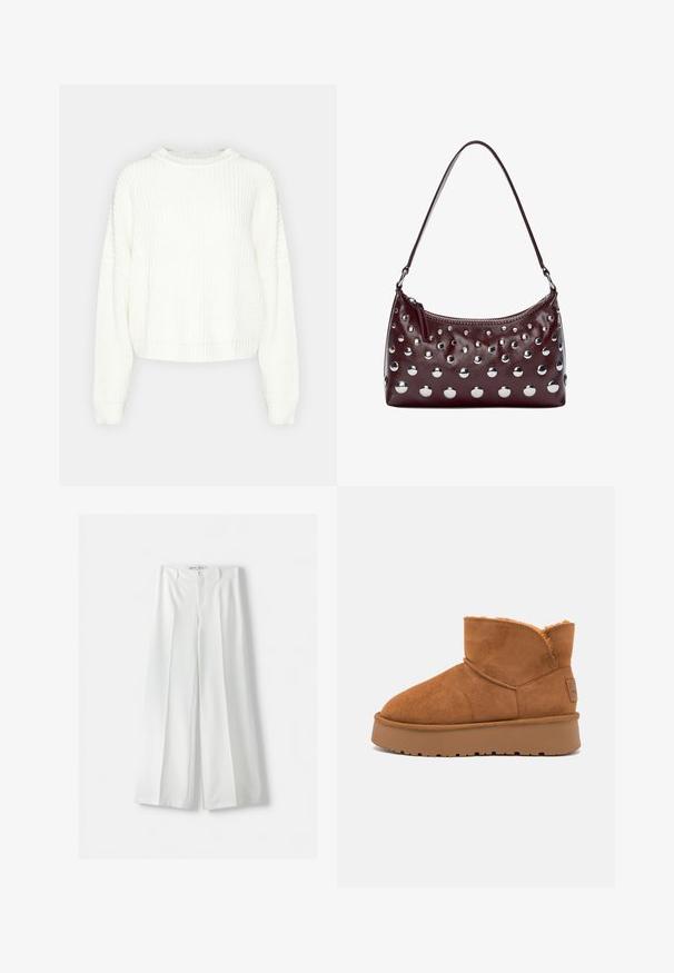 Witte gebreide trui met een ronde hals, lange mouwen en een ontspannen pasvorm. Kenmerkt een gestructureerd patroon en geribde onderkant en manchetten.; Donkergrijze camisol met dunne bandjes, voorzien van een bloemenkantafwerking langs de halslijn. Glad stof met een ontspannen pasvorm en zonder extra details.; Bershka WIDE-LEG TAILORED - Broek - white; Bruine suède enkellaars met een zachte bontvoering, ronde neus en dikke, gestructureerde rubberen zool. Bevat gestikte naden en een merklabel.; Bordeaux lederen handtas met een ronde vorm, versierd met metalen ronde studs en een ritssluiting aan de bovenkant, vergezeld van een enkele schouderband.