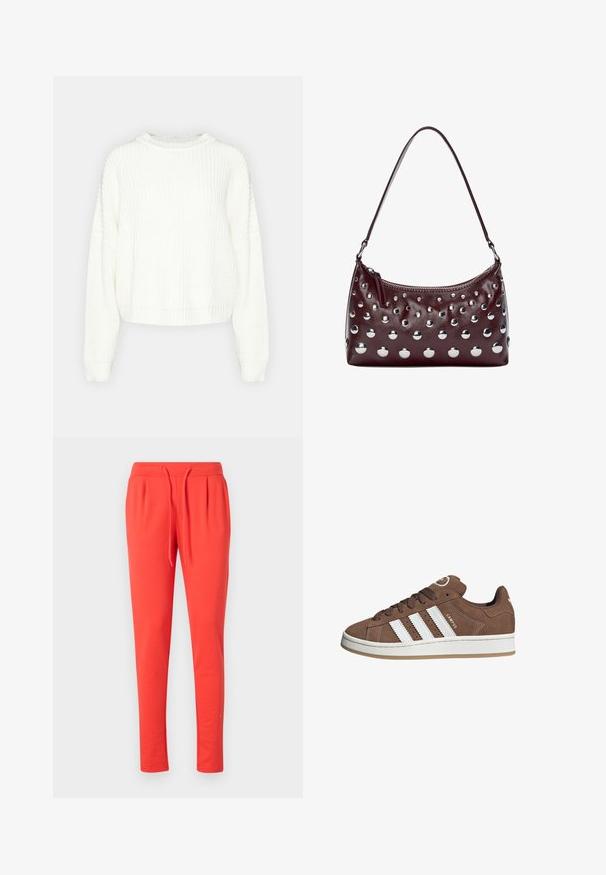 Vit stickad tröja med rund hals, långa ärmar och avslappnad passform. Har ett texturerat mönster samt ribbat nederkant och ärmslut.; Mörkgrå camisole med tunna axelband, prydd med en blommig spetskant längs urringningen. Mjukt tyg med avslappnad passform och utan ytterligare detaljer.; Röda joggingbyxor tillverkade av mjukt material med elastisk midja och justerbar dragsko. Har en tapered leg-design.; Bruna mockaskor med vita läderremsor, gummisula, rund tå och snörning framtill. Har en logotyp på tungan och perforerade detaljer.; Burgundy läderhandväska med rundad form, prydd med metalliska cirkelformade nitar och ett dragkedjestängning, med en enkel axelrem.