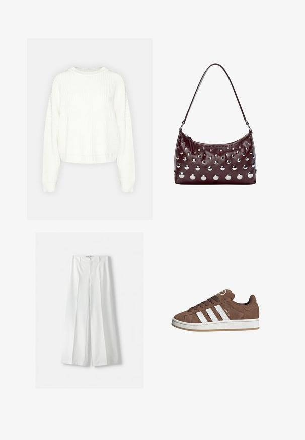 Weißer Strickpullover mit rundem Halsausschnitt, langen Ärmeln und lockerer Passform. Verfügt über ein strukturiertes Muster sowie Rippbündchen am Saum und an den Ärmeln.; Dunkelgraues Camisole mit dünnen Trägern, verziert mit einem floralen Spitzenbesatz entlang des Ausschnitts. Glatter Stoff mit lockerem Sitz und ohne zusätzliche Details.; Bershka WIDE-LEG TAILORED - Stoffhose - white; Braune Wildledersneaker mit weißen Lederstreifen, Gummisohle, gerundetem Zehenbereich und Schnürung. Mit einem Logo auf der Zunge und perforierten Akzenten.; Burgunderfarbene Lederhandtasche mit runder Form, ausgestattet mit metallischen runden Nieten und einem Reißverschluss oben, begleitet von einem einzelnen Schulterriemen.