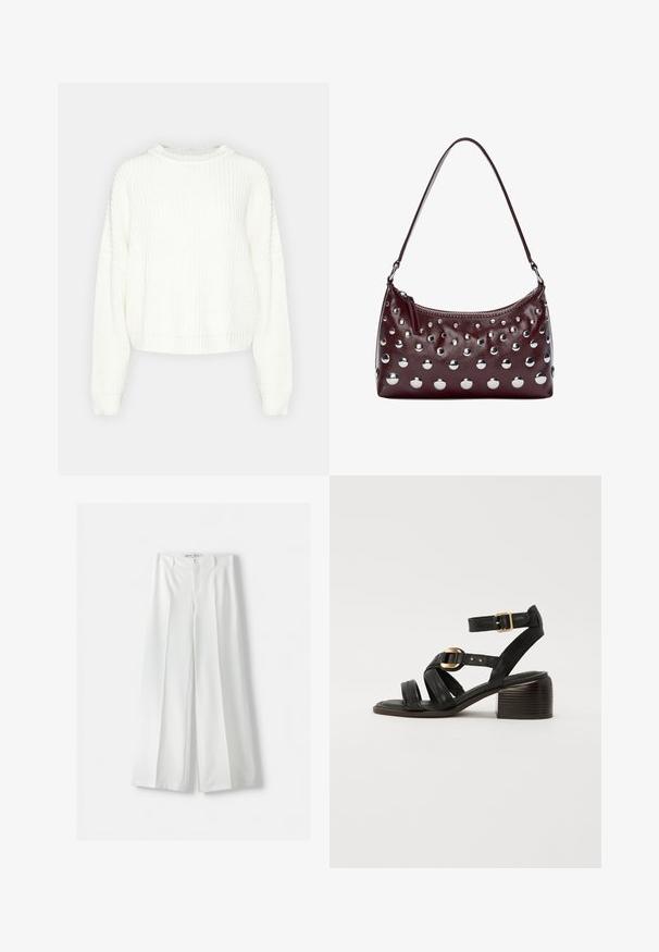 Bela pletena majica z okroglim izrezom, dolgimi rokavi in sproščenim krojem. Ima teksturiran vzorec ter rebrast rob in manšete.; Bershka WIDE-LEG TAILORED - Hlače - white; Črne usnjene sandale s peto z odprtim prstom, širokimi trakovi, zlate sponke in debel, teksturiran pet.; Bordo usnjeni ročni torbici z zaobljeno obliko, okrašeni z metalnimi okroglimi vijaki in zadrgo na vrhu, ki ima en sam naramni trak.