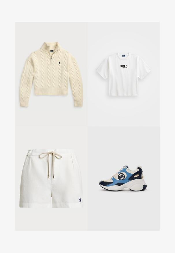 Polo Ralph Lauren CABLE WOOL CASHMERE HALF ZIP SWEATER - Jumper - authentic cream; White cotton t-shirt with short sleeves, featuring a black embroidered "POLO" logo on the front. Simple, boxy design.; White linen shorts with an elastic waistband, beige drawstring, and small navy logo on the left side. Features relaxed fit and side pockets.; White, navy, and light blue suede sneaker with chunky sole and circular embroidered logo on the side.