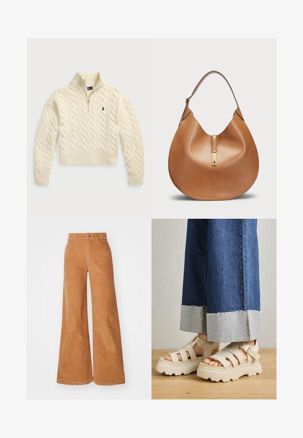 Polo Ralph Lauren CABLE WOOL CASHMERE HALF ZIP SWEATER - Svetrík - authentic cream; Hnedé široké nohavice z manšestru s vysokým pásom, gombíkovým zapínaním a dvoma prednými vreckami. Hladká textúra a viditeľné švy.; Béžové platformové sandále s hrubými podrážkami majú pruhovaný dizajn a nastaviteľné popruhy okolo členka. Nosené sú s džínsovými nohavicami s širokými nohavicami, pri ktorých je jeden lem rozstrapkaný.; Hnedá kožená taška s zakriveným tvarom a širokým ramenným popruhom. Funkcie zlatého kovového akcentu v strede a hladkej textúry.