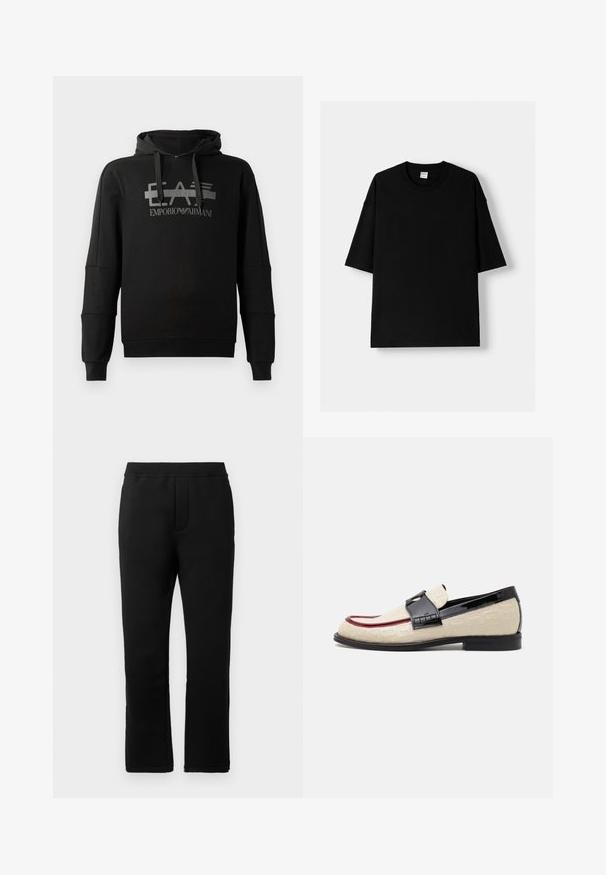 Zwarte hoodie met een opvallend grijs grafisch logo "EA7 Emporio Armani." Gemaakt van zachte stof met lange mouwen en een comfortabele pasvorm.; Zwarte katoen t-shirt met korte mouwen, ronde hals en een relaxte fit. Soepele textuur en minimalistisch ontwerp, geen patronen of accenten.; Zwarte sweatpants met een gladde textuur, elastische tailleband en twee zijzakken. Rechte pijpen met een nette afwerking.; Beige loafers met een reliëfpatroon, rode accentstreep en glanzende zwarte hak. Heeft een band met gespdetail. Platte zwarte zool.
