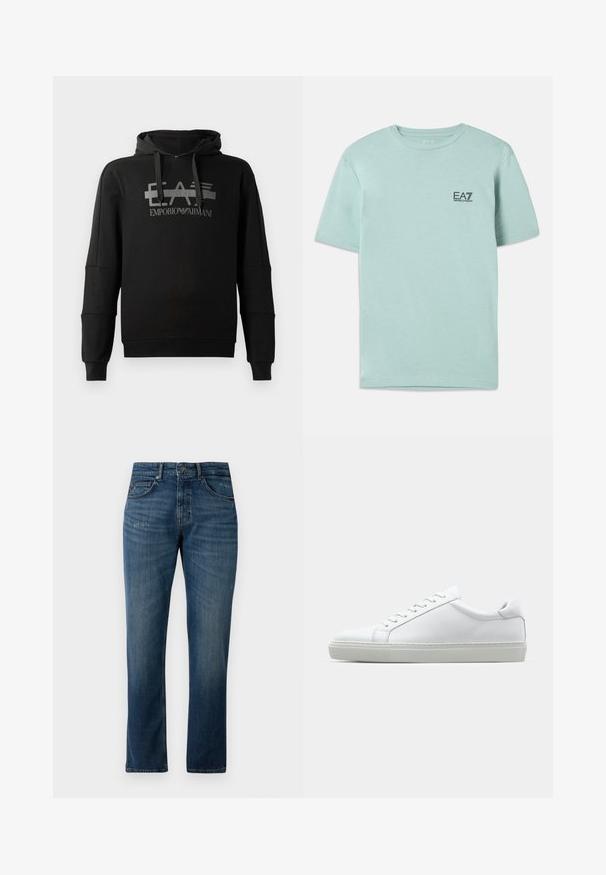 Svart hettegenser med et fremtredende grått grafisk logo "EA7 Emporio Armani." Laget av myk stoff med lange ermer og en avslappet passform.; Lys mintgrønn t-skjorte laget av bomull, med korte ermer og rund hals, med en liten svart EA7-logo på brystet.; Dongeribukser i mørkeblått med rett ben, med slitte detaljer, fem lommer og en frontlukking med knapp og glidelås.; Hvit sneakers med en glatt skinnoverdel og lav profil. Har en rund tå, seks snøring hull, og en teksturert gummisåle.