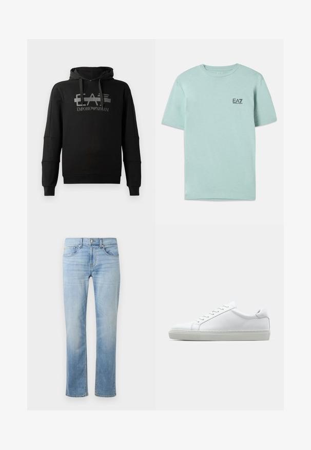 Black hooded sweatshirt featuring a prominent grey graphic logo “EA7 Emporio Armani.” Made from soft fabric with long sleeves and a relaxed fit.; Light mint green t-shirt made of cotton, featuring short sleeves and a round neck, with a small black EA7 logo on the chest.; Light blue denim jeans with a straight leg design, five pockets, visible stitching, and a faded finish near the thighs and knees.; White sneaker with a smooth leather upper and a low profile. Features a rounded toe, six eyelets, and a textured rubber sole.