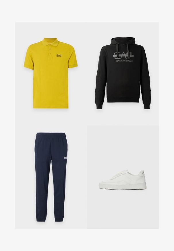Sweatshirt com capuz preto, apresentando um destacado logótipo gráfico cinza "EA7 Emporio Armani". Fabricado em tecido macio, com mangas longas e um corte descontraído.; Polo amarelo feito de algodão macio, com uma pala de três botões e um logótipo preto no lado esquerdo do peito. Mangas curtas.; Calças de treino azul-marinho com cintura elástica e punhos. Apresenta um pequeno logotipo branco na perna esquerda. Feitas de um material macio e elástico.; Sapatilha de couro branco com acabamento suave, bico redondo, atacadores planos e uma sola texturizada. Apresenta um logotipo discreto no calcanhar.