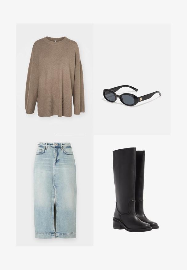 Smeđi oversized pulover s rebrastim rubom, širokim rukavima i okruglim izrezom. Mekana textura, minimalistički dizajn bez uzoraka.; Svijetloplava traper suknja srednje dužine s prednjim prorezom. Ima klasičan dizajn s pet džepova i kopčanje na dugme u struku.; Crne kožne čizme do koljena s glatkom teksturom, okruglim vrhom i debelim petama. Imaju suptilne šavove i elegantan dizajn.; Crne ovalne sunčane naočale s tamnim staklima, sjajnim plastičnim okvirom, širokim krakovima i malim zlatnim detaljem s jedne strane.