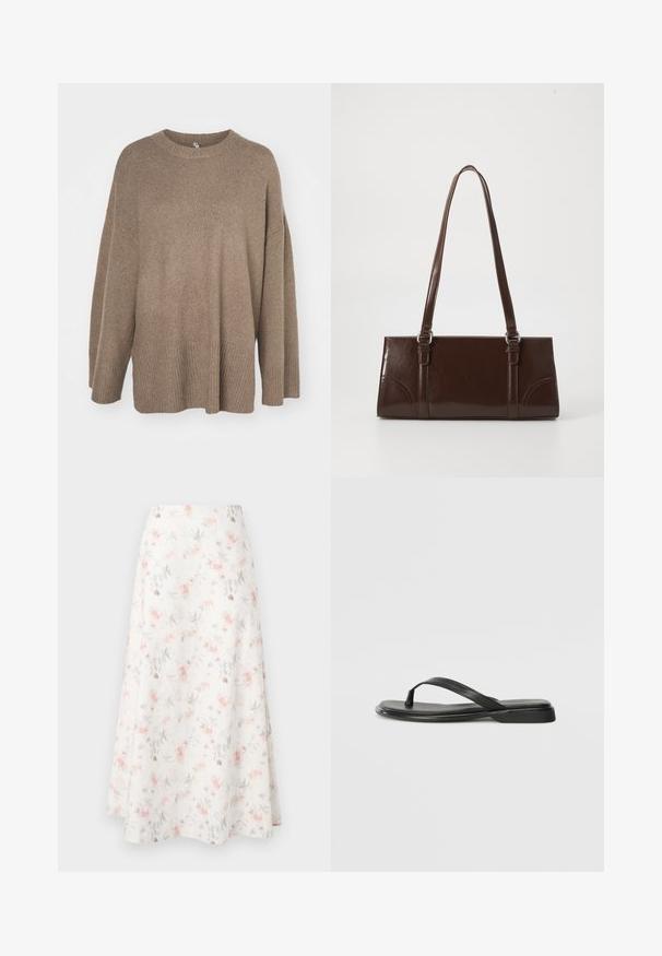 Sweater castanho oversized com bainha canelada, mangas largas e gola redonda. Textura suave, design minimalista sem padrões.; Saia midi floral em tecido branco, com um padrão em aquarela de flores rosa e cinza, design evasé e textura suave.; Chinelo preto feito de couro liso, com um design de tira fina e sola baixa com um perfil minimalista. Sem padrões ou acentos notáveis.; Bolsa de mão em couro patente castanho com formato retangular, duas alças longas e acentos curvos sutis na parte da frente.
