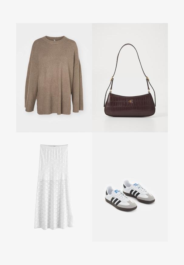 Smeđi oversized pulover s rebrastim rubom, širokim rukavima i okruglim izrezom. Mekana textura, minimalistički dizajn bez uzoraka.; Next REGULAR FIT - Velika suknja - white; Sportske cipele s gornjištem od bijele kože, sivi suedinasti nos i tri crne pruge. Imaju plavi logo na jeziku i teksturiranu gumenu podlogu.; Bordo torba s teksturom krokodila, zakrivljenog oblika, i zlatnim logom. Ima jedan remen sa zlatnim detaljima.