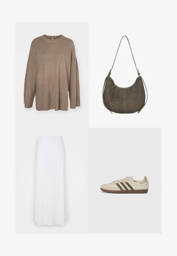 Brun oversize-tröja med ribbat nederkant, vida ärmar och rund hals. Mjuk textur, minimalistisk design utan mönster.; Vit maxikjol i lättviktigt tyg med en slät textur, med en enkel A-linjeformad design och inga synliga dekorationer.; adidas Originals SAMBA OG UNISEX - Sneakers - alumina/medium dark khaki/gum; Brun mockaskinn hobo-väska med rundad form, kontrasterande sömmar, en axelrem och dragkedja. Slät yta överlag.