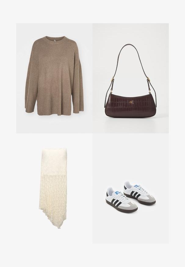 Hnědý nadměrný svetr s žebrovaným lemem, širokými rukávy a kulatým výstřihem. Měkká textura, minimalistický design bez vzorů.; Bílé, texturované zavinovací sukni s asymetrickým lemem, která má pokrčený vzor postupně přecházející od neprůhledného po poloprůhledný.; Sportovní boty s bílým koženým svrškem, šedou semišovou špičkou a třemi černými pruhy. Obsahují modré logo na jazyku a texturovanou gumovou podrážku.; Burgundská kabelka s krokodýlí texturou, zakřiveným tvarem a zlatým logem jako akcentem. Obsahuje jeden popruh se zlatým kováním.