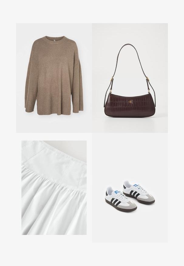 Bruine oversized trui met een geribbelde onderkant, wijde mouwen en een ronde hals. Zachte textuur, minimalistisch ontwerp zonder patronen.; Witte rok met een aansluitend top en geplooide textuur. Gemaakt van lichte stof, met subtiele naden en een zachte, vloeiende draping.; Sportschoenen met een witte leren bovenkant, grijze suède neus en drie zwarte strepen. Bevat een blauw logo op de tong en een gestructureerde rubberen zool.; Bordeaux handtas met een krokodillenstructuur, gebogen vorm en een gouden logoaccent. Heeft een enkele schouderband met gouden hardware.