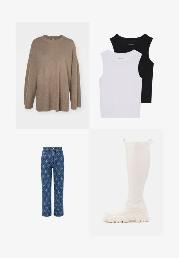 Sweater castanho oversized com bainha canelada, mangas largas e gola redonda. Textura suave, design minimalista sem padrões.; Duas blusas sem mangas em preto e branco, feitas de algodão canelado, com decotes redondos e um design ajustado. Etiquetas visíveis em ambas.; Jeans de denim em azul escuro com um padrão floral, de cintura alta, design de perna reta, apresentando detalhes em tom de ouro e uma textura subtil.; Botas de borracha brancas até ao joelho com sola grossa e painéis elásticos laterais. Apresentam abas de puxar na parte superior para facilitar o calçar. Textura suave.