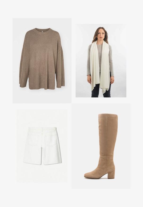 Brown oversized sweater with a ribbed hem, wide sleeves, and a round neck. Soft texture, minimalistic design without patterns.; White denim shorts with a straight-cut design, featuring a high waist, two back pockets, and subtle stitching detail.; Anna Field LEATHER - Boots - beige; White, soft scarf with a smooth texture, draping elegantly. It features a flowing design and is worn over a light gray top.; Beige suede handbag with a rounded triangular shape, a single strap, and a gold-tone hardware accent on the front.