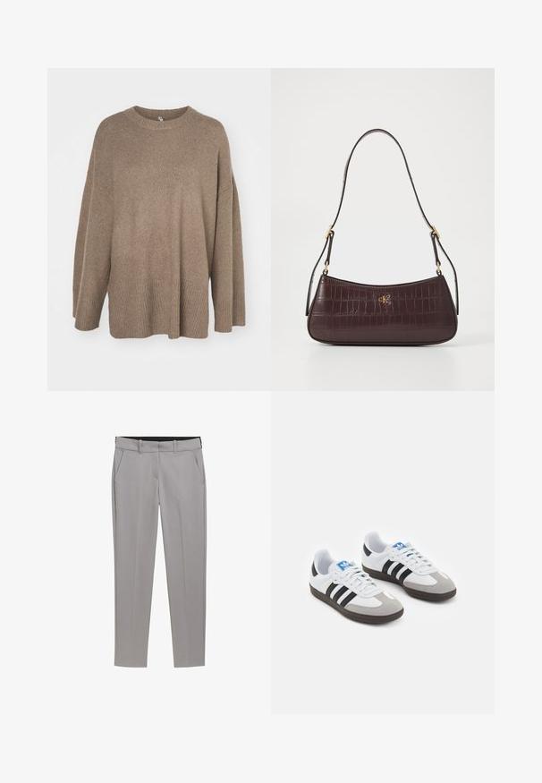 Bruine oversized trui met een geribbelde onderkant, wijde mouwen en een ronde hals. Zachte textuur, minimalistisch ontwerp zonder patronen.; TOM TAILOR MIA SLIM - Chino - explicit grey; Sportschoenen met een witte leren bovenkant, grijze suède neus en drie zwarte strepen. Bevat een blauw logo op de tong en een gestructureerde rubberen zool.; Bordeaux handtas met een krokodillenstructuur, gebogen vorm en een gouden logoaccent. Heeft een enkele schouderband met gouden hardware.
