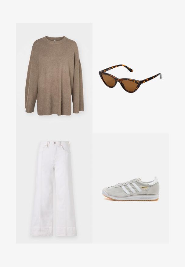 Pulover oversized maro cu o margine striată, mâneci largi și guler rotund. Textură moale, design minimalistic fără modele.; Jeans albe, cu picioare largi, realizate din denim, având cusături vizibile, închidere cu nasture și buzunare frontale. Materialul are o textură minimă.; Tenis light grey din suede și plasă, cu trei dungi albe, vârf rotund și o talpă din cauciuc gumă. Accente de logo aurii lângă șireturi.; Ochelari de soare în stil cat-eye, cu o ramă din material cu tortoiseshell negru și portocalie, lentile maro și vârfuri elegante, ascuțite. Prezintă un logo minimal pe brățara ochelarilor.
