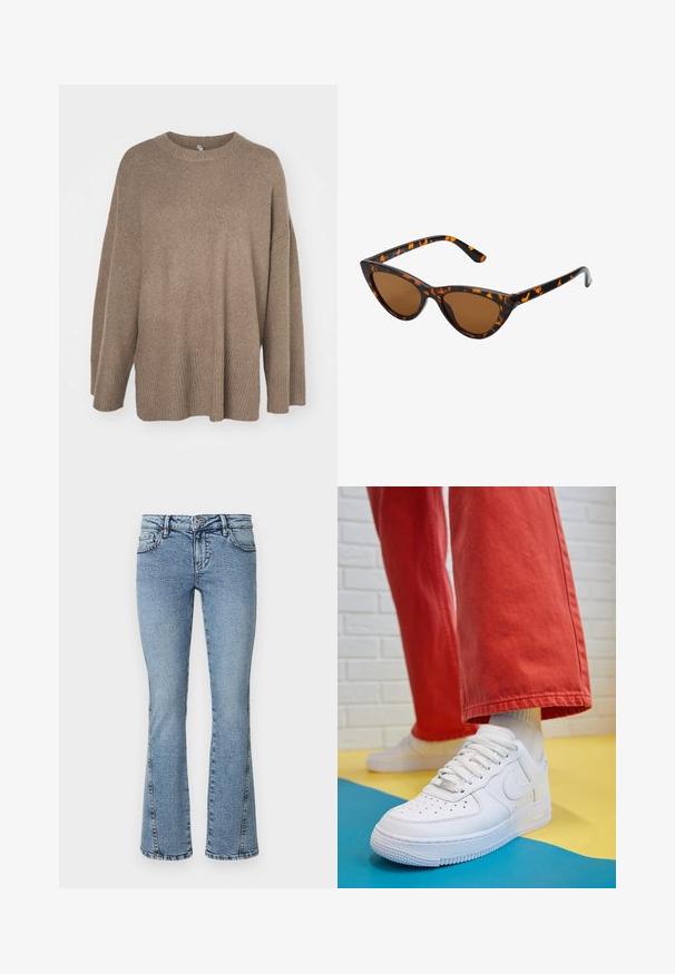 Pulover oversized maro cu o margine striată, mâneci largi și guler rotund. Textură moale, design minimalistic fără modele.; Blugi evazați de culoare albastru deschis, din denim, care prezintă un design clasic cu cinci buzunare, un fermoar la zip și cusături în contrast pe marginile cusăturilor.; Tenis alb din piele cu fanta pe vârful piciorului, talpă texturată și șireturi albe, purtat cu pantaloni larga roșii și un fundal albastru și galben.; Ochelari de soare în stil cat-eye, cu o ramă din material cu tortoiseshell negru și portocalie, lentile maro și vârfuri elegante, ascuțite. Prezintă un logo minimal pe brățara ochelarilor.