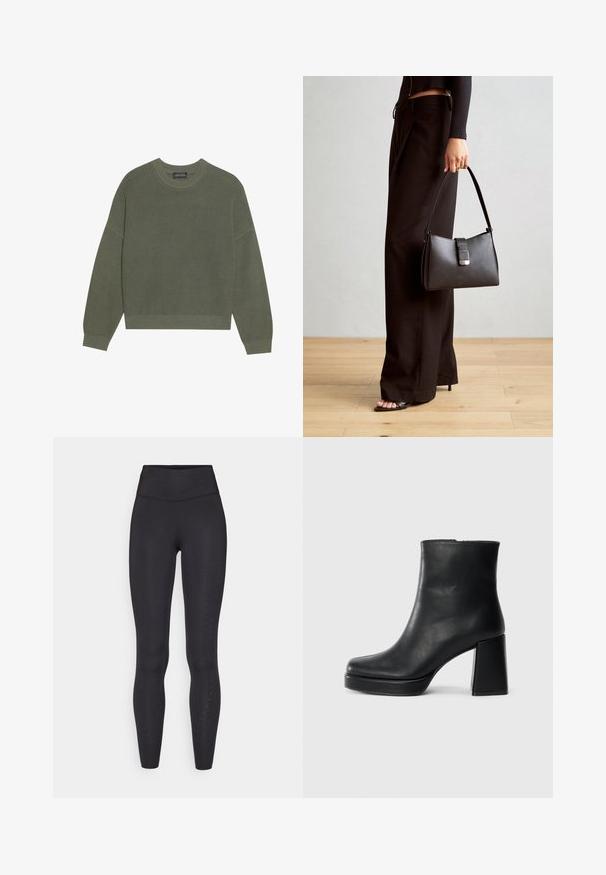Anna Field Svetr - thyme; Černé legíny vyrobené z elastického materiálu, s vysokým pasem, hladkým povrchem a malými perforacemi podél vnějších nohavic.; Černý kožený kotníkový bot s blokovým podpatkem a platformou, viděný z boku na jednoduchém bílém pozadí.; Černá kabelka se strukturovaným tvarem, hladkým povrchem a kovovým uzávěrem. Kombinována s širokými černými kalhotami a sandály s otevřenou špičkou na dřevěné podlaze.