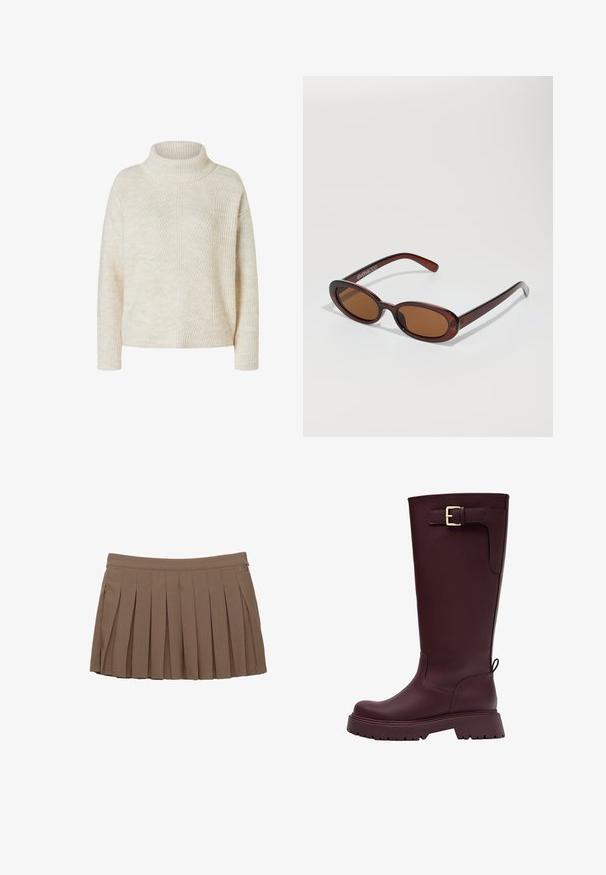 Cream-colored ribbed knit sweater with long sleeves and a folded turtleneck collar, displayed on a white background.; Brown pleated mini skirt with a waistband and subtle side logo detail on a white background.; Burgundy knee-high rubber boots with a flat sole, side buckle detail, and textured grip, featuring a smooth finish and sturdy construction.; Round, brown-tinted sunglasses with a glossy burgundy frame. Slim arms with subtle branding detail. Flat lens design.; Brown woven leather handbag with a slouchy, triangular shape. Features a braided handle and a zipper closure along the top.