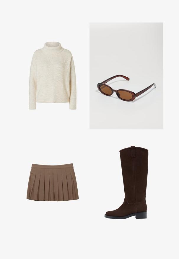 Sweter w kolorze kremowym, stworzony z prążkowanej dzianiny, z długimi rękawami i złożonym kołnierzem typu golf, prezentowany na białym tle.; Brąskowa, plisowana mini spódnica z paskiem w talii i subtelnym logo po bokach na białym tle.; Brązowe zamszowe kozak z zaokrąglonym noskiem, subtelnymi przeszyciami i niskim słupkowym obcasem; mają pętelkę na górze, co ułatwia zakładanie.; Okrągłe, brązowe okulary przeciwsłoneczne z błyszczącą bordową oprawą. Cienkie ramiona z subtelnym detalem marki. Płaski kształt soczewek.; Brązowa torebka skórzana pleciona o luźnym, trójkątnym kształcie. Posiada pleciony uchwyt i zamek błyskawiczny na górze.