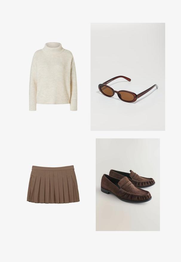 Cream-colored ribbed knit sweater with long sleeves and a folded turtleneck collar, displayed on a white background.; Brown pleated mini skirt with a waistband and subtle side logo detail on a white background.; Brown suede loafers with a soft texture, moccasin-style stitching, and a rounded toe. Black rubber sole and a folded leather cuff detail.; Round, brown-tinted sunglasses with a glossy burgundy frame. Slim arms with subtle branding detail. Flat lens design.; Brown woven leather handbag with a slouchy, triangular shape. Features a braided handle and a zipper closure along the top.