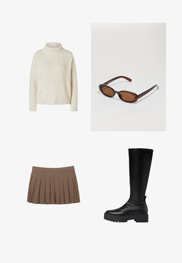 Pull en maille côtelée couleur crème avec des manches longues et un col roulé replié, présenté sur un fond blanc.; Jupe mini plissée marron avec une taille et un subtil logo sur le côté sur fond blanc.; Botte en cuir noir arrivant jusqu'au genou avec une semelle plateforme noire imposante, texture lisse et un détail de couture sur le devant et l'arrière.; Lunettes de soleil rondes teinte brun avec une monture bordeaux brillante. Branches fines avec un détail de marque subtil. Design de verres plats.; Sac à main en cuir tissé marron avec une forme triangulaire et souple. Il possède une poignée tressée et une fermeture éclair sur le dessus.