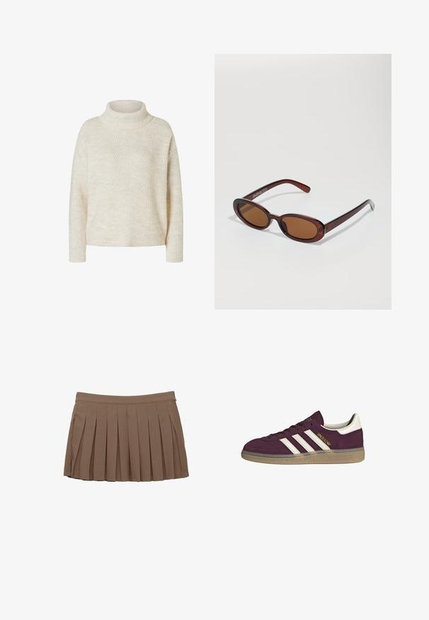 Crème-kleurige geribbelde gebreide trui met lange mouwen en een opgerolde col, weergegeven op een witte achtergrond.; Bruine geplooide minirok met een tailleband en subtiele zijlogo-opdruk op een witte achtergrond.; Bordeauxsuède sneaker met witte drie strepen en beige accenten. Voorzien van een gestructureerde rubberen zool en gouden branding aan de zijkant.; Ronde, bruin getinte zonnebril met een glanzend bordeauxrood frame. Slanke pootjes met subtiele merkdetails. Vlakke lensontwerp.; Bruine geweven leren handtas met een slonzig, driehoekig model. Voorzien van een gevlochten handvat en een ritssluiting aan de bovenkant.