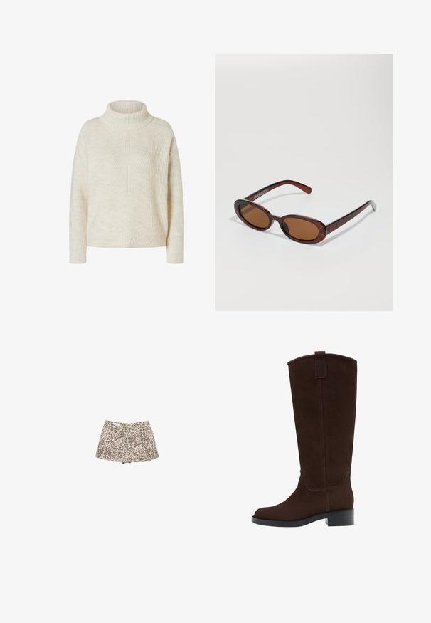Crème-kleurige geribbelde gebreide trui met lange mouwen en een opgerolde col, weergegeven op een witte achtergrond.; Leopardprint denim shorts, beige basis met donkerbruine vlekken, hoogopgesneden ontwerp, twee voork pockets en een stijlvolle snit.; Bruine suede laarzen tot de knie met een ronde neus, subtiele stiksels en een lage blokhak; voorzien van een trekband bovenaan voor makkelijk aan- en uittrekken.; Ronde, bruin getinte zonnebril met een glanzend bordeauxrood frame. Slanke pootjes met subtiele merkdetails. Vlakke lensontwerp.; Bruine geweven leren handtas met een slonzig, driehoekig model. Voorzien van een gevlochten handvat en een ritssluiting aan de bovenkant.