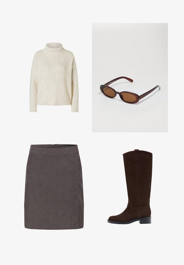 Sweter w kolorze kremowym, stworzony z prążkowanej dzianiny, z długimi rękawami i złożonym kołnierzem typu golf, prezentowany na białym tle.; Kaffe - Spódnica trapezowa; Brązowe zamszowe kozak z zaokrąglonym noskiem, subtelnymi przeszyciami i niskim słupkowym obcasem; mają pętelkę na górze, co ułatwia zakładanie.; Okrągłe, brązowe okulary przeciwsłoneczne z błyszczącą bordową oprawą. Cienkie ramiona z subtelnym detalem marki. Płaski kształt soczewek.; Brązowa torebka skórzana pleciona o luźnym, trójkątnym kształcie. Posiada pleciony uchwyt i zamek błyskawiczny na górze.