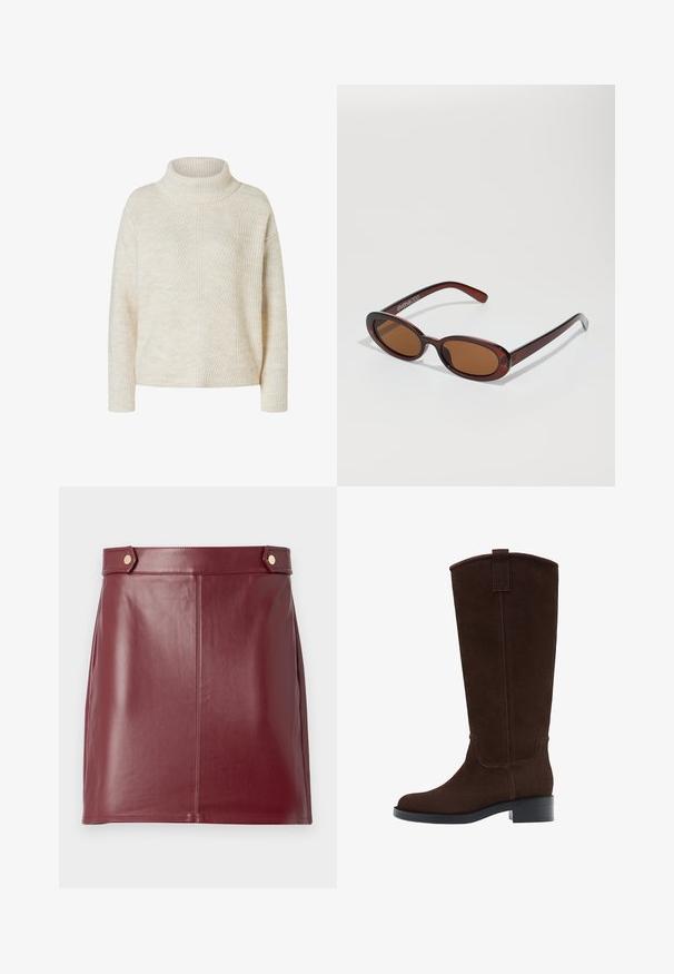 Cremefarbener gerippter Strickpullover mit langen Ärmeln und umgeschlagenem Rollkragen, auf einem weißen Hintergrund präsentiert.; Burgunderfarbene Leder-Minirock mit glatter Textur, in körpernaher Passform, seitlichen Einsätzen und zwei goldfarbenen Knöpfen am Bund.; Braune Wildleder-Stiefel bis zum Knie mit runder Fußspitze, dezenten Nähten und einem niedrigen Blockabsatz; verfügen über eine Zuglasche oben für einfaches Anziehen.; Runde, braun getönte Sonnenbrillen mit einem glänzenden burgunderfarbenen Rahmen. Schlanke Bügel mit dezentem Branding. Flaches Linsendesign.; Braune, geflochtene Lederhandtasche mit einer lässigen, dreieckigen Form. Verfügt über einen geflochtenen Griff und einen Reißverschluss an der Oberseite.