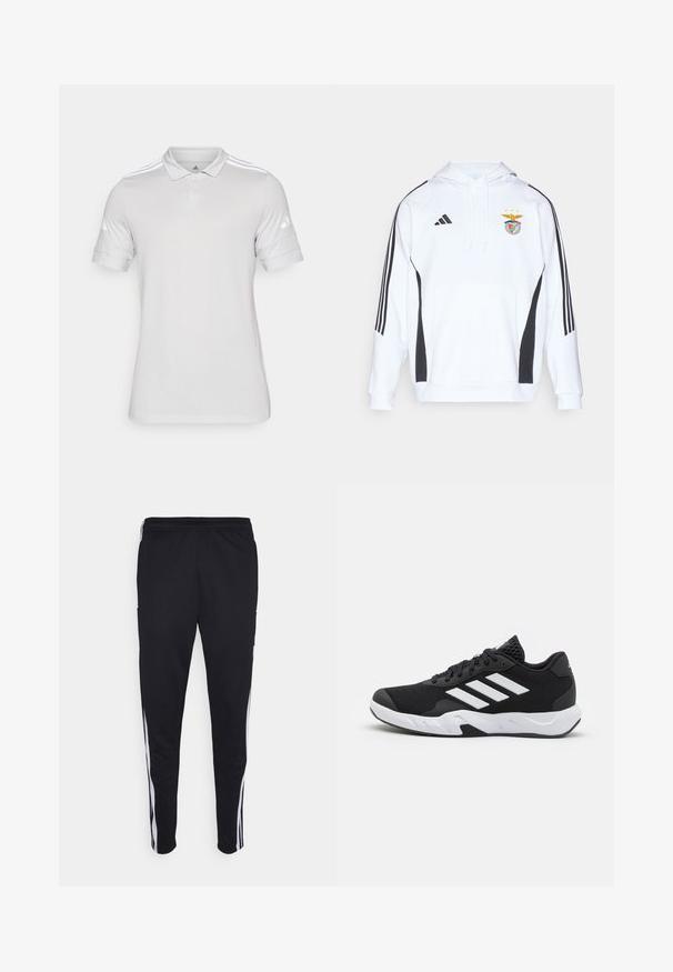 Felpa bianca con accenti neri sui lati e tre strisce nere su ciascun maniche. Presenta una tasca frontale e il logo della squadra ricamato sul petto.; Polo bianca realizzata in tessuto testurizzato, con colletto classico, patta con tre bottoni e tre strisce bianche sulle spalle.; Pantaloni sportivi neri con una vestibilità rilassata, con strisce bianche sui lati, vita con cordoncino e due tasche laterali. Realizzati in tessuto morbido.; Scarpe da ginnastica nere con una tomaia in mesh texturizzata, strisce bianche di accento, suola imbottita e tallone rinforzato per supporto.