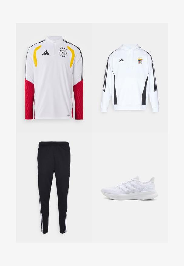 Sudadera blanca con acentos laterales negros y tres rayas negras en cada manga. Cuenta con un bolsillo frontal y un logo del equipo bordado en el pecho.; Camisa deportiva de manga larga blanca con acentos de malla roja, detalles amarillos en los hombros, rayas negras y el logo de la selección nacional de fútbol de Alemania.; Pantalones deportivos negros con un ajuste relajado, que cuentan con franjas laterales blancas, una cintura con cordón y dos bolsillos laterales. Hechos de tela suave.; Zapatillas deportivas blancas con una parte superior de malla texturizada, suela acolchada y soporte, y un diseño de tres rayas en el lateral.