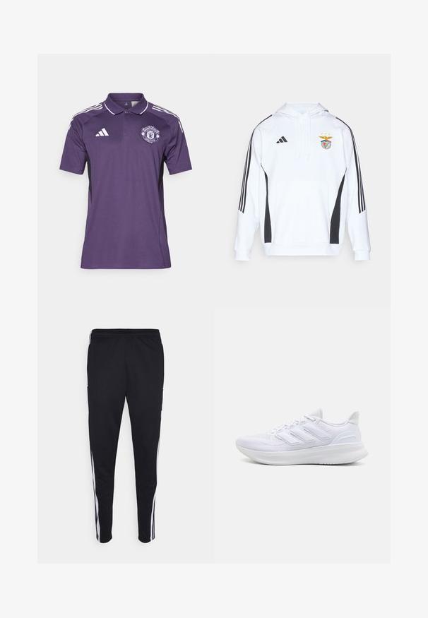 Sudadera blanca con acentos laterales negros y tres rayas negras en cada manga. Cuenta con un bolsillo frontal y un logo del equipo bordado en el pecho.; Polo de poliéster morado con acentos blancos y paneles laterales negros. Presenta un logo del Manchester United en el pecho y mangas a rayas en tres colores.; Pantalones deportivos negros con un ajuste relajado, que cuentan con franjas laterales blancas, una cintura con cordón y dos bolsillos laterales. Hechos de tela suave.; Zapatillas deportivas blancas con una parte superior de malla texturizada, suela acolchada y soporte, y un diseño de tres rayas en el lateral.