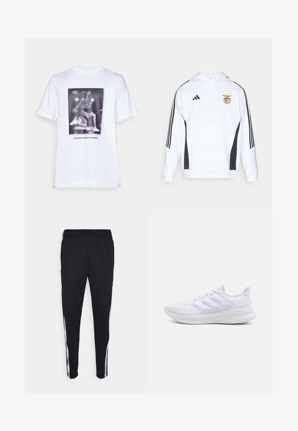 White hoodie with black side accents and three black stripes on each sleeve. Features a front pocket and embroidered team logo at the chest.; White cotton t-shirt featuring a graphic print of a basketball player and text "adidas basketball" below the image. Short sleeves and crew neckline.; Black athletic pants with a relaxed fit, featuring white side stripes, a drawstring waist, and two side pockets. Made from soft fabric.; White athletic shoes featuring a textured mesh upper, supportive cushioned sole, and three stripe design on the side.