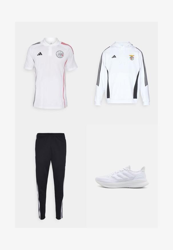 Felpa bianca con accenti neri sui lati e tre strisce nere su ciascun maniche. Presenta una tasca frontale e il logo della squadra ricamato sul petto.; Polo bianco con strisce nere e rosse sulle spalle. Presenta un emblema sul petto e un colletto classico. Realizzato in tessuto traspirante.; Pantaloni sportivi neri con una vestibilità rilassata, con strisce bianche sui lati, vita con cordoncino e due tasche laterali. Realizzati in tessuto morbido.; Scarpe sportive bianche con tomaia in mesh texturato, suola ammortizzata e supportiva, e design a tre strisce sul lato.