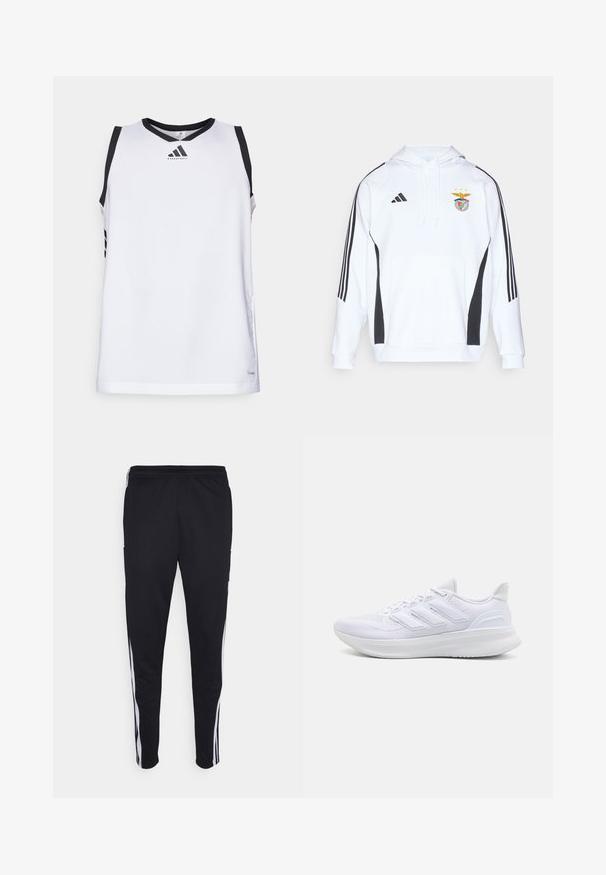 White hoodie with black side accents and three black stripes on each sleeve. Features a front pocket and embroidered team logo at the chest.; White basketball jersey with a black collar and shoulder accents, featuring a logo on the chest and three black stripes on each side.; Black athletic pants with a relaxed fit, featuring white side stripes, a drawstring waist, and two side pockets. Made from soft fabric.; White athletic shoes featuring a textured mesh upper, supportive cushioned sole, and three stripe design on the side.