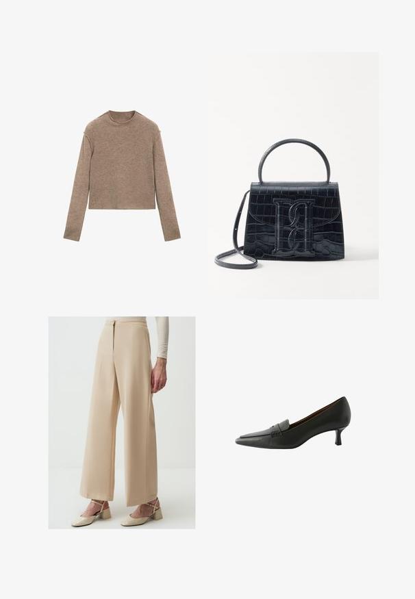 Brown long-sleeve cropped sweater with a round neckline, displayed flat on a white background.; Beige wide-leg trousers made of smooth fabric, featuring a high waist, pleats, and a clean finish. Paired with beige heeled shoes.; Black leather heeled shoe with a pointed toe and a decorative strap. Features a low stiletto heel and smooth texture.; Black crocodile-embossed leather handbag with a structured design, top handle, adjustable strap, and a prominent front logo detail.