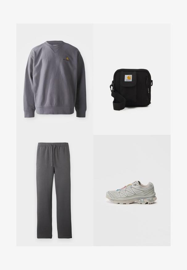 Szürke pulóver kerek nyakkal, bordázott mandzsettákkal és aljjal. Hímzett sárga és piros logó található a mellkason. Puha anyagból készült.; Szürke sportnadrág, elasztikus derékkal, zsinórral és sima felülettel. Egyenes lábformával rendelkezik, zsebek nélkül.; Világosszürke sportcipő, texturált hálós felsőrésszel, fényvisszaverő részletekkel, jellegzetes talppal és színes fűzőkkel. Támogató kialakítással rendelkezik.; Fekete keresztbody táska cipzáras főrekesszel, elülső zsebbel, állítható pánttal és látható logóval a fedélen.