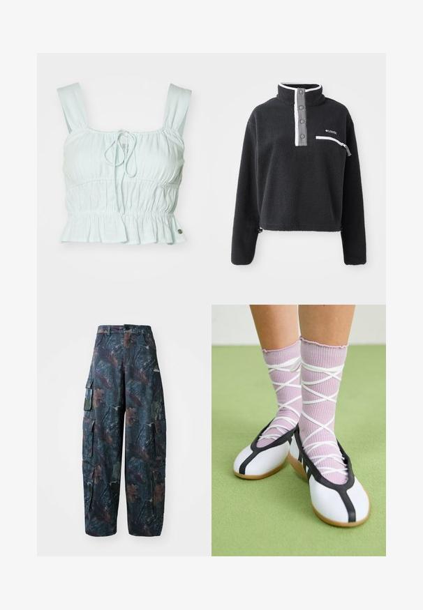 Crni flis pulover s polu-zatvaračem, sa prednjim džepom na grudima i kontrastnim bijelim i sivim detaljima. Mekan materijal, skraćeni dizajn.; Svijetloplava kratka majica s gužvanim materijalom, podesivim vezanjem sprijeda i volanima na rubu. Ima široke naramenice i mali metalni detalj.; Maskirne cargo hlače u tamnozelenoj i smeškoj boji, sa višestrukim džepovima i slobodnim krojem, izrađene od laganog, izdržljivog materijala.; Bijele ravne cipele s crnim obrubom i potplatom, uparene s svijetlopurpurastim rebrastim čarapama koje imaju bijele križne trake. Postavljene na zelenoj pozadini.